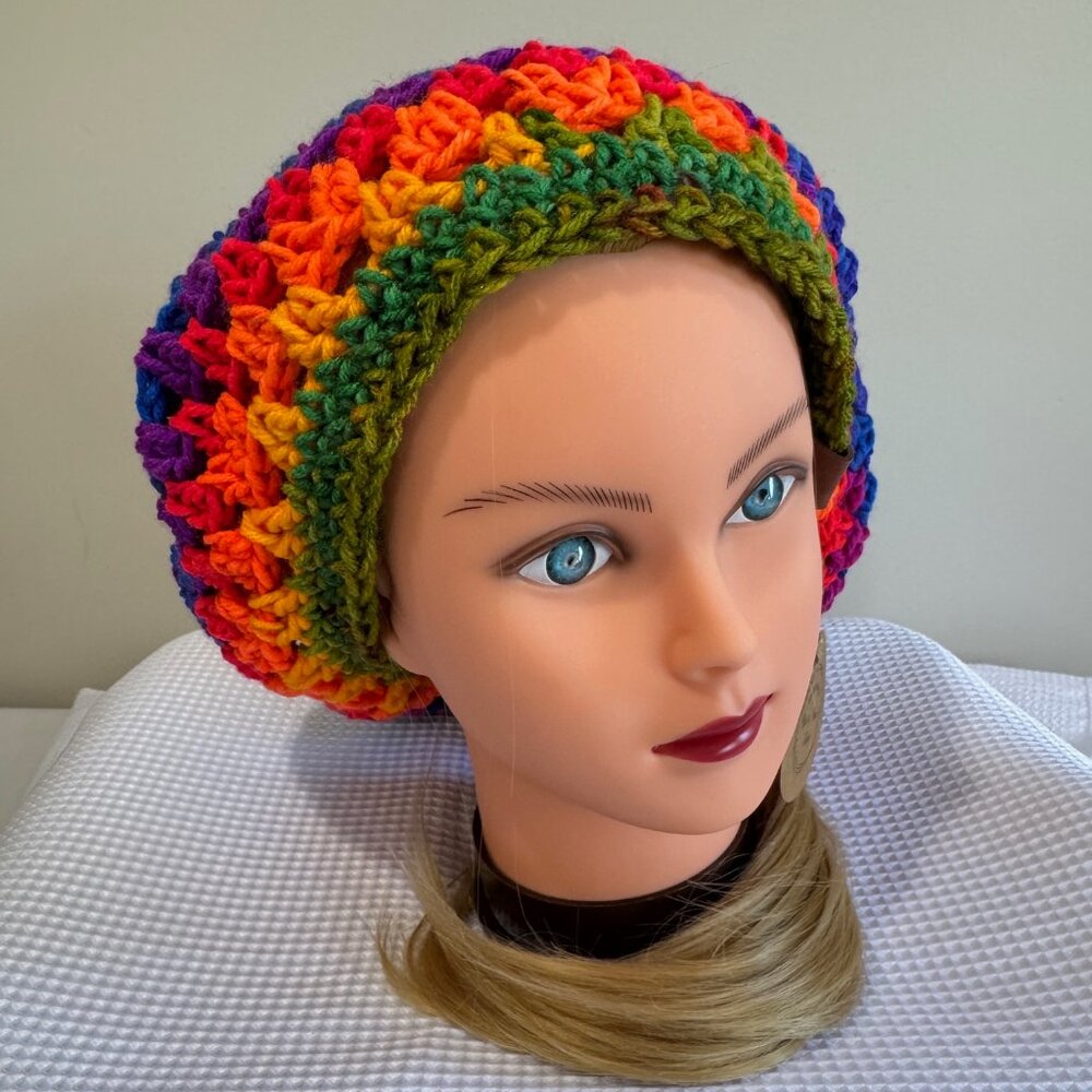 HANDCRAFTED Crochet Rainbow Mandala Slouch Beanie Beret Hat - Picture 3 of 6